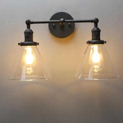 PERMO Aplique Doble Vintage Industrial de 2 Luces, Apliques de Pared Antiguos con Pantalla de Vidrio Transparente con Forma de Embudo Acampanado,