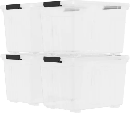 Miniatura 8 de Contenedor de almacenamiento apilable de 50 litros con tapa, contenedor de plástico con pestillos resistentes para organizar, transparente, paquete