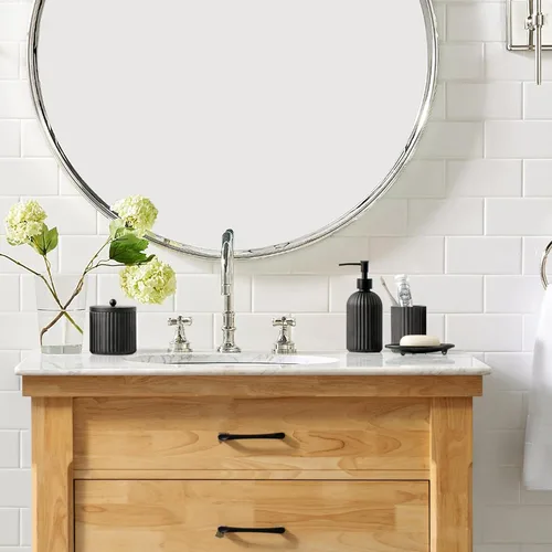 Miniatura 5 de Juego de 4 accesorios de baño de vidrio pesado con patrón decorativo prensado, incluye dispensador de jabón de mano, vaso, jabonera y soporte