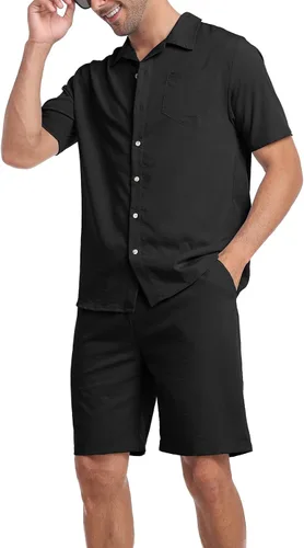 MoFiz Conjunto de pantalones cortos para hombre, camisas con botones, pantalones cortos, casual, playa, 2 picece, conjunto de verano, más ligero,