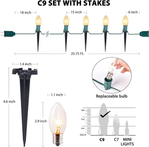 Miniatura 4 de Brightown Tira de luces LED estilo sendero de Navidad para exteriores; tira de 20 luces LED C9 de 25.7 pies con 20 estacas interconectables y a