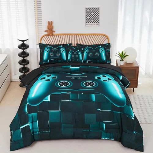 Miniatura 11 de PERFEMET Juego de ropa de cama tamaño Twin en una bolsa, 6 piezas, juego de ropa de cama gaming para niños, edredón azul gamer con juego de sábanas
