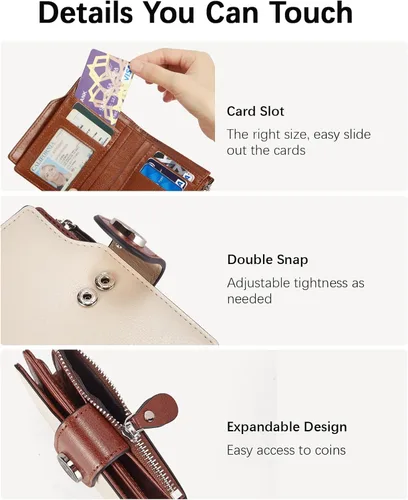 Miniatura 3 de BOSTANTEN - Billetera de cuero para mujer, pequeña, con bloqueo RFID, de dos pliegues, bolsillo con cremallera, tarjetero con ventana para 1-beige