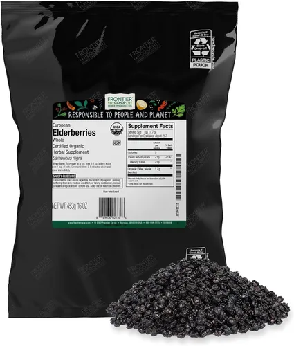 Frontier Co-op Anciano, Europeo, certificado orgánico, Kosher, no irradiado | 1 lb Bolsa a granel | Sambucus denigra L.