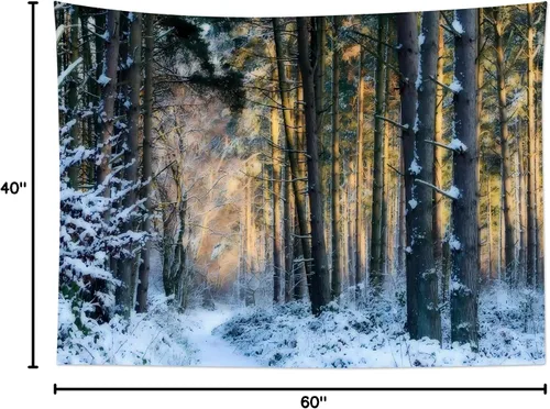 Miniatura 8 de LB Tapiz de Bosque de Nieve de Invierno, Pino Negro y Verde con Copo de Nieve Blanco Tapiz de Pared para Dormitorio, Arte de Pared de Paisaje