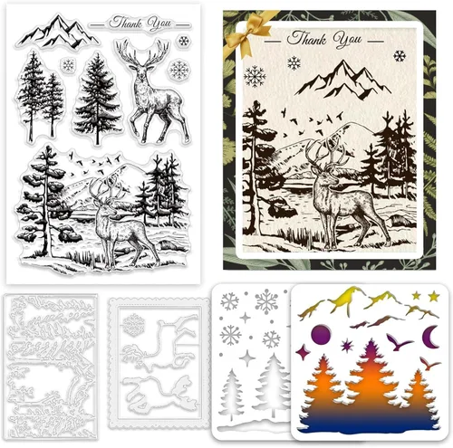INFUNLY Sellos y troqueles de bosque navideño para hacer tarjetas, sellos y troqueles de ciervo de Navidad, plantillas de ciervo para hacer