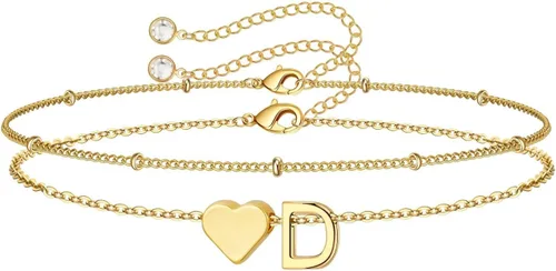 Miniatura 17 de M MOOHAM Pulseras de oro con inicial de corazón para mujer, pulseras con dije de letra A-Z de corazón dorado en capas para mujer, pulseras