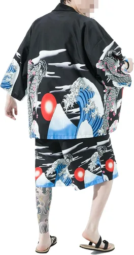 Miniatura 2 de PRIJOUHE Conjunto de kimono de estilo japonés para hombre, ligero, casual, con siete mangas, frente abierto, cárdigan y pantalones cortos