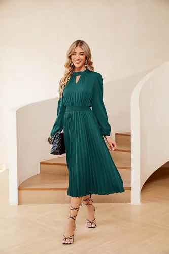 Miniatura 3 de JASAMBAC Vestido midi plisado de manga larga para mujer