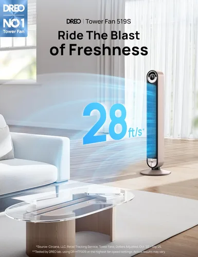 Miniatura 2 de Dreo - Ventilador de torre para dormitorio, ventilador oscilante de pie de 90° con velocidad de 28 pies por segundo, silencioso de 25dB para dormir