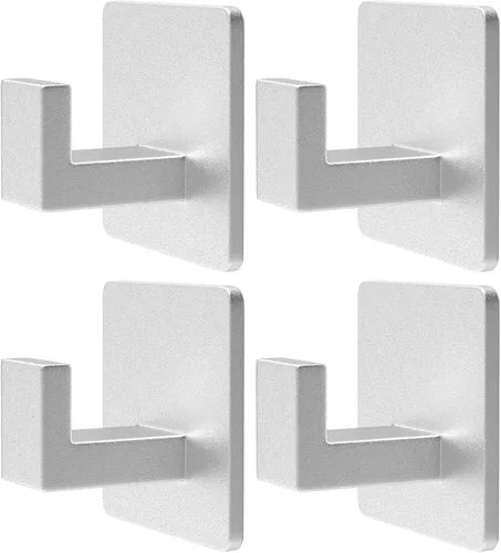 PMMASTO Ganchos adhesivos para toallas, paquete de 4 ganchos de pared de aluminio, gancho de ducha para baño, dormitorio y cocina, color plateado