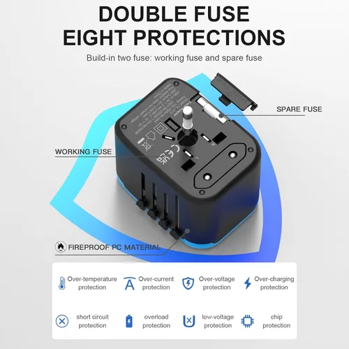 Miniatura 6 de Adaptador de enchufe universal de viaje internacional, adaptador de enchufe de viaje europeo 5 en 1 W/3.5A 2xUSB-A y 2xUSB C cargador de pared