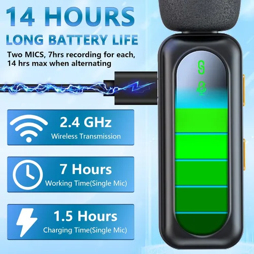 Miniatura 6 de Micrófono inalámbrico mini para iPhone 15 16, iPad, Android, paquete de 2 micrófonos lavalier con pantalla LED y reducción de ruido, micrófono