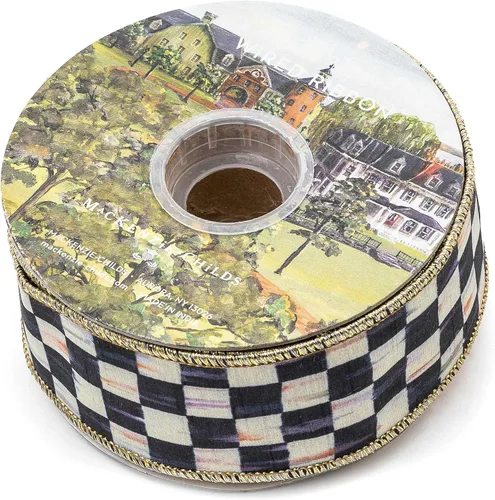 MACKENZIE-CHILDS Cinta para envolver regalos, decoración navideña y cotidiana, 2 pulgadas de ancho, cuadros cortesanos en blanco y negro
