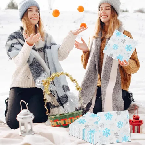 Miniatura 5 de Servilletas de invierno con copos de nieve para decoración de fiesta, diseño de copo de nieve de invierno, azul y blanco del país de las maravillas