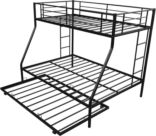 Miniatura 5 de KLMM Literas de metal de tamaño individual sobre matrimonial con 2 escaleras y cama nido para niños, adolescentes y adultos, (negro)