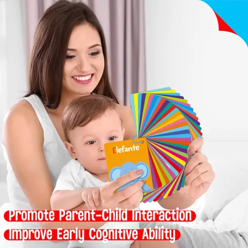 Miniatura 7 de 51 PIEZAS Tarjetas cognitivas en español para bebés, impresas a doble cara, 7 en 1 tarjetas coloridas, alfabeto, números, alimentos, animales