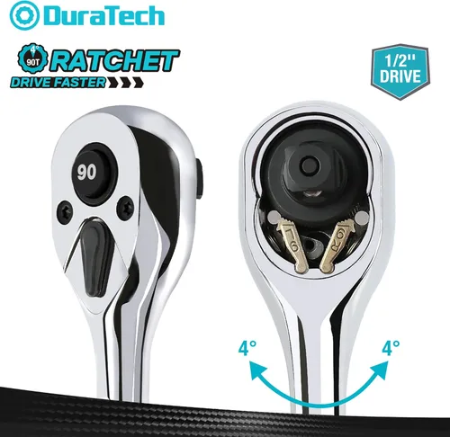 Miniatura 3 de DURATECH Trinquete de accionamiento de 1/2 pulgada, llave de trinquete de liberación rápida de 90 dientes, reversible, aleación de cromo, pulido