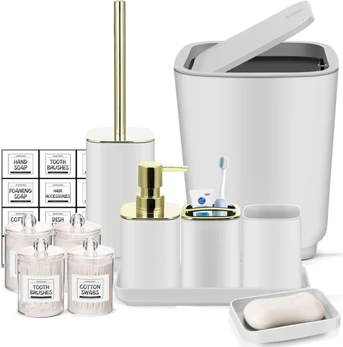 Miniatura 13 de Accesorios de baño verdes, juego de baño de 11 piezas, bandeja, soporte para cepillos de dientes, taza para cepillos de dientes, dispensador
