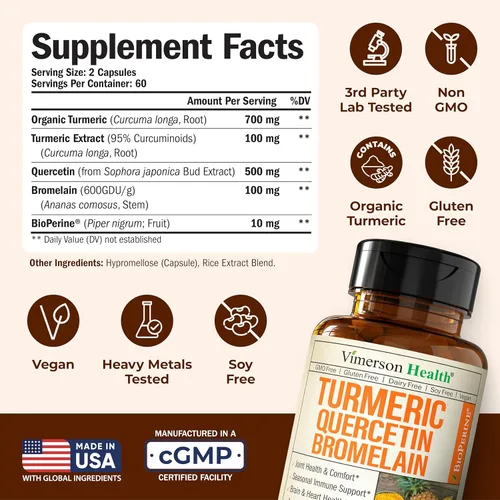 Miniatura 3 de Quercetina con bromelina y curcumina de cúrcuma – Suplemento para alivio de alergias, apoyo inmune y articular – Suplemento de cúrcuma orgánica