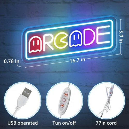 Miniatura 3 de Letrero de neón de arcade para decoración de sala de juegos con interruptor regulable, luz LED de neón para pared de dormitorio, decoración de sala