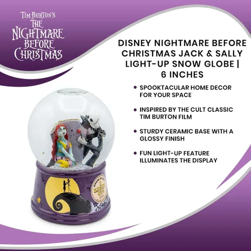 Miniatura 7 de Disney The Nightmare Before Christmas Jack & Sally - Globo de nieve iluminado con purpurina giratoria, precioso recuerdo, regalos y coleccionables