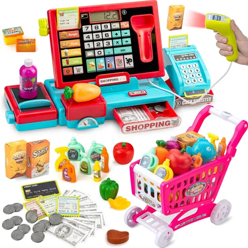 Caja registradora para niños, calculadora real, caja registradora con escáner de juguete para niño de 3, 4, 5, 6, 7, 8 años, juego de simulación de