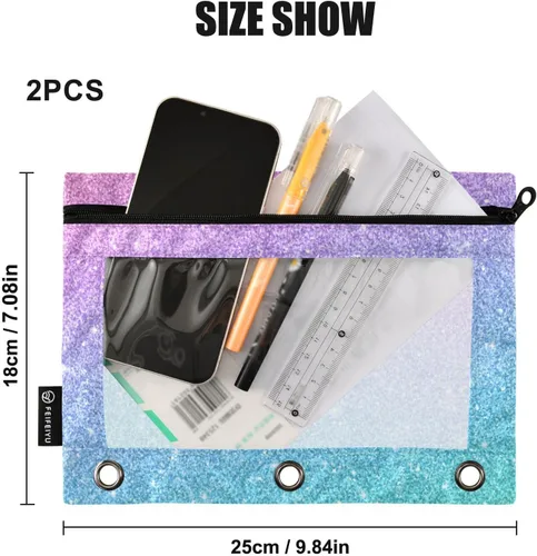 Miniatura 3 de Gredecor Estuche para lápices con 3 anillos con purpurina azul y rosa con cremallera, 2 unidades, organizador transparente para carpeta escolar