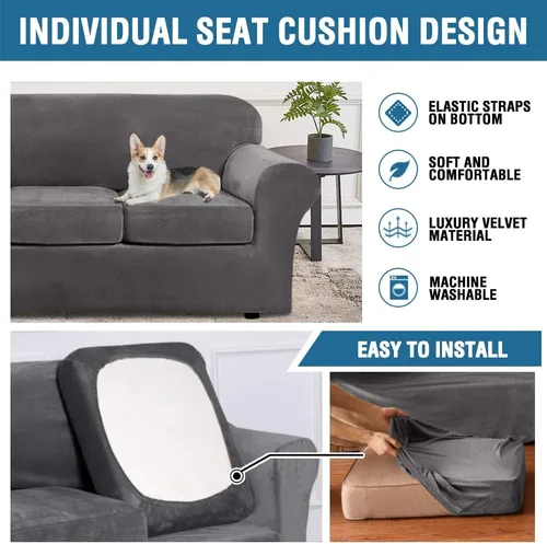 Miniatura 6 de H.VERSAILTEX Fundas de Sofá Elásticas de Terciopelo Real Suave de 3 Piezas Fundas de Sofá para Sofá de 2 Cojines Fundas de Loveseat con Ancho de Gris