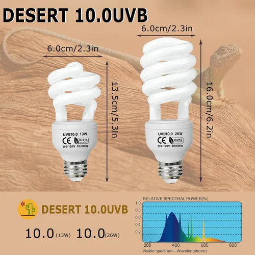 Miniatura 2 de Luz de reptil UVB 10.0 de 26 W, bombilla compacta de desierto para dragones barbudos, lagartos, serpientes, geckos, anfibios, lámpara UVA UVB