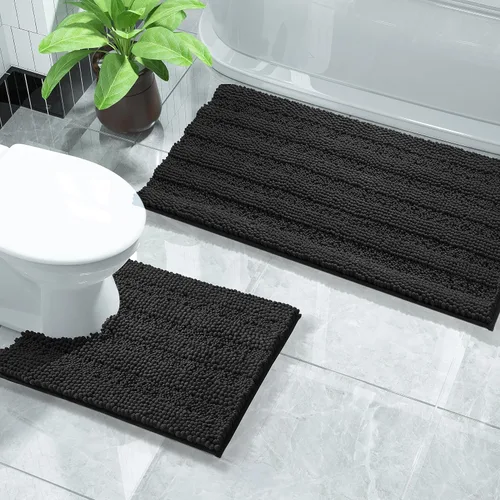 Miniatura 27 de Yimobra Juego de 2 alfombras de baño de felpilla suave y absorbente y alfombra para inodoro en forma de U, antideslizante, lavable a máquina