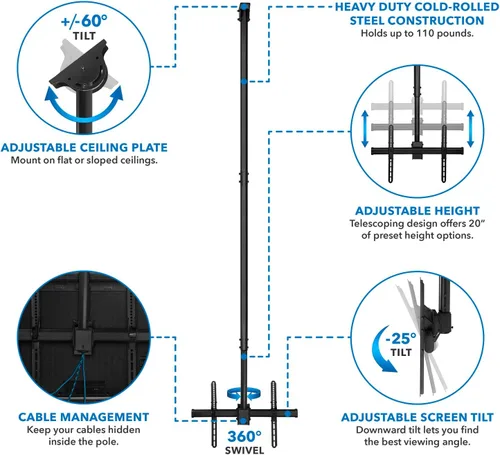 Miniatura 3 de Mount-It! - Soporte de techo para TV, ajustable en altura, rotación completa de 360 grados, inclinación y giro para televisores de pantalla plana