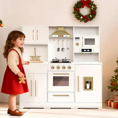 Miniatura 2 de Kinder King Cocina de madera para niños, juego de cocina de juguete para niños pequeños, juego de cocina con sonidos reales, máquina de café