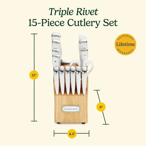 Miniatura 6 de Cuisinart Juego de 15 cuchillos con bloque, acero inoxidable de alto carbono, remache triple forjado, blanco, C77WTR-15P