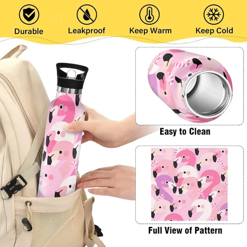 Miniatura 4 de Cartoon Cute Flamingo Pink Lightweight Insulated Water Bottle with Leak Proof Spout Lid Double Wall Vacuum Insulated Bottles for Sports, Travel, and