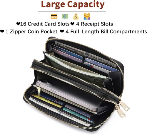 Miniatura 2 de GOIACII Cartera de mujer de gran capacidad con doble cremallera para mujer, soporte para teléfono con bloqueo RFID, correa de cuero