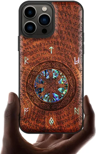 Miniatura 14 de Carveit Funda protectora de madera de diseñador para iPhone 13 Pro Max, cubierta magnética, grabado en madera e incrustaciones de concha, funda