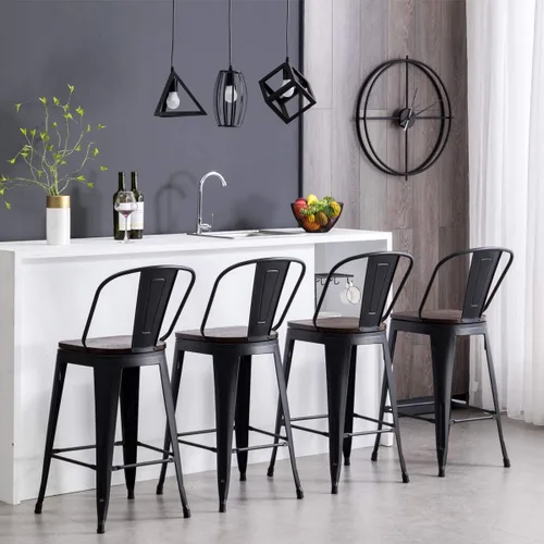 Miniatura 6 de HAOBO Home Taburetes de bar de 24 pulgadas de respaldo alto con asiento de madera [juego de 4] taburetes de bar de altura de mostrador, negro mate