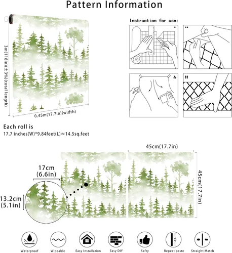 Miniatura 8 de Floralplus Papel tapiz autoadhesivo con diseño de bosque brumoso, extraíble, diseño botánico, apto para inquilinos, para decoración del hogar, papel