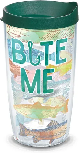Tervis Vaso aislado de doble pared Bite Me hecho en Estados Unidos mantiene las bebidas frías y calientes, 16 onzas, tapa verde cazador, clásico