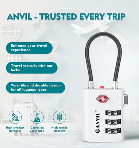 Miniatura 4 de ANVIL Cerraduras de equipaje aprobadas por la TSA - Cerraduras de viaje combinadas TSA008 de alta seguridad con indicador de inspección para maletas