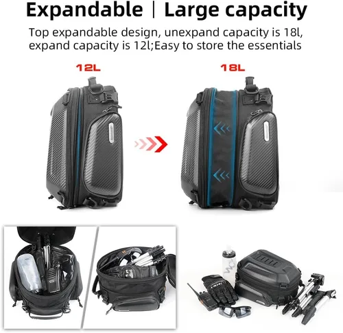 Miniatura 6 de Rhinowalk Bolsa trasera para motocicleta, bolsa de asiento trasero rígida impermeable, 12-18L expandible mochila de equipaje de motocicleta