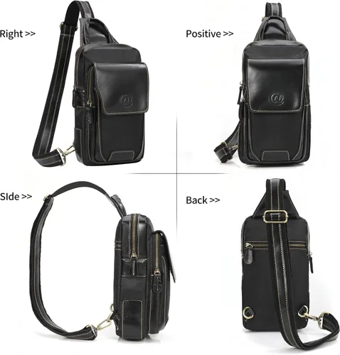 Miniatura 3 de Bolso bandolera de cuero genuino para hombre, mochila cruzada de cuero de grano completo para hombre, riñoneras, bolsa de pecho