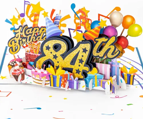 iGifts And Cards Tarjeta desplegable 3D de feliz cumpleaños 84 – Diseño azul con números de purpurina, globos, pasteles y regalos – Tarjeta de