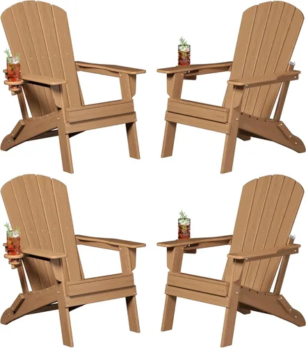 Miniatura 46 de Plawdlik Adirondack Juego de 2 sillas plegables, probadas por SGS, textura de madera con portavasos, polietileno de alta densidad resistente a todo