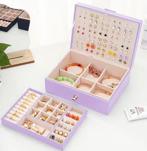 Miniatura 29 de Joyero de pendientes para mujeres y niñas, organizador de aretes de 5 capas, caja organizadora de joyas blanca con candado, collares y aretes
