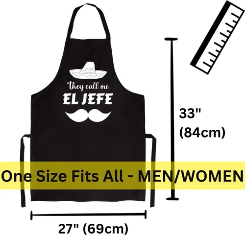 Miniatura 3 de El Jefe - Delantal de cocina, poliéster y algodón negro, talla única, diseño de chef mexicano con sombrero, ropa de trabajo de cocina unisex, 33 x