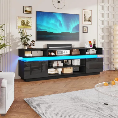 Miniatura 14 de chartustriable Soporte de TV LED para TV de 80 pulgadas, centro de entretenimiento alto moderno con tomas de corriente, soporte de TV de alto