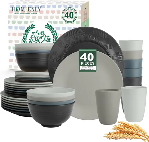 Miniatura 11 de Homienly Juegos de Vajilla Premium de Paja de Trigo, Platos y Tazones Ligeros e Irrompibles, Tazas, Servicio para 4, Apto para Lavavajillas
