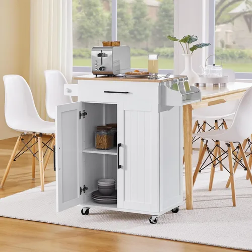 Miniatura 3 de Topeakmart Carrito de isla de cocina con armario de almacenamiento y 1 cajón, carrito de cocina rodante con toallero y estante para especias